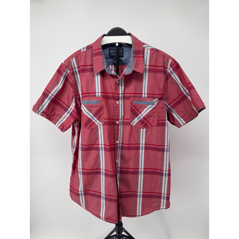 American Rag Mens XXL Red Plaid Short Sleeve Button Down Cotton Shirt Casual